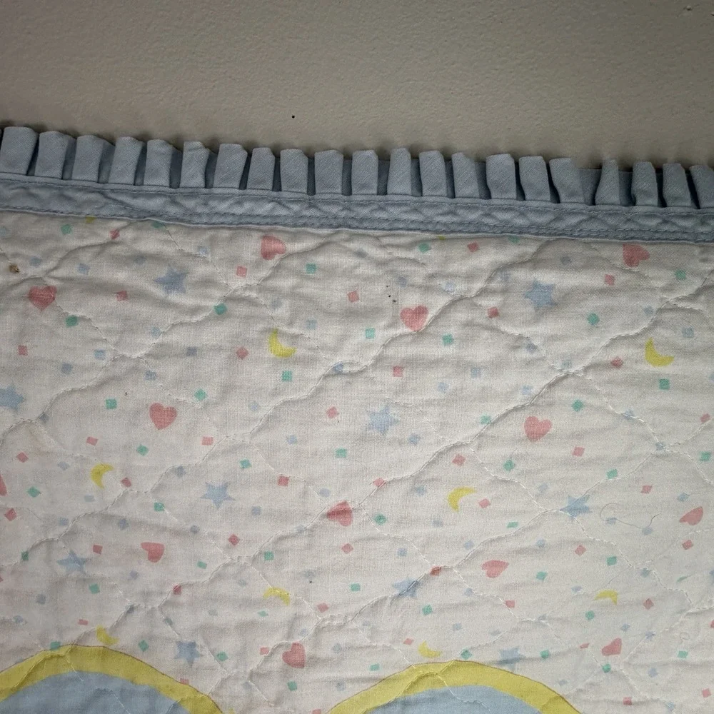 VTG Baby Crib Quilt Blanket‎ Blue Bear Elephant Duck Hearts Boys Nursery Decor